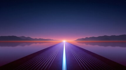 Futuristic pathway leading to sunrise over calm waters with mountains and starry sky in a vibrant purple and blue gradient landscape
