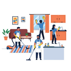 Illustration of multiple people cleaning a home with different tools and cleaning supplies