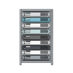 Cartoon rack of various servers in shades of gray and blue on a white background