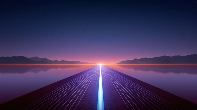 Futuristic pathway leading to sunrise over calm waters with mountains and starry sky in a vibrant purple and blue gradient landscape