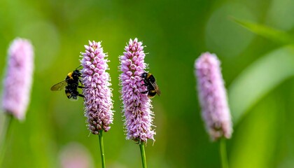 Two bumblebees on pink flowers