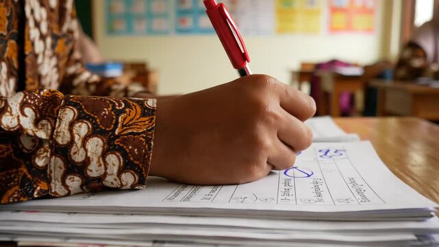 Person Writing on Exam Paper in Classroom Environment with Focused Hand Movement