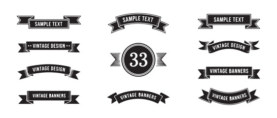 Collection of nine black and white vintage ribbon badges and banners featuring text placeholders