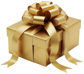 Gold gift box with wide satin ribbon bow, isolated on transparent background