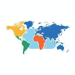 Obraz premium Stylized world map, colored continents, light blue oceans, simple design, white background