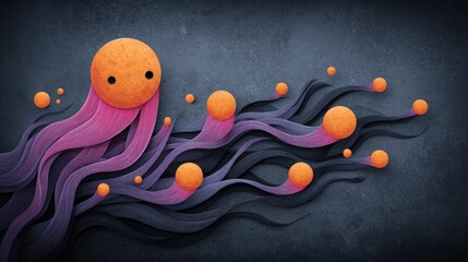 Colorful abstract jellyfish with flowing tentacles on a dark textured background