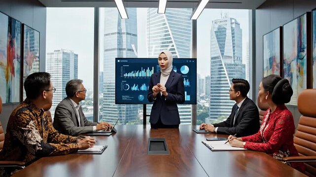 Businesswoman Presenting Data to Executives in Modern Office with City Skyline View