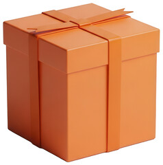 Orange three dimensional gift box tied with matching bright ribbon and small tag