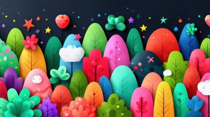 Colorful abstract landscape featuring vibrant trees and flowers against a dark background