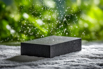 Black sharpening stone with fine white particles sprinkled around on textured surface against vibrant green bokeh background with glowing light effects