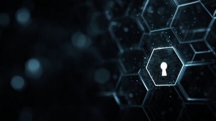 Hexagon grid representing a secure network with a glowing keyhole, symbolizing data privacy and cyber protection with copy space