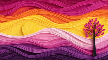 Colorful abstract landscape with flowing waves and a tree silhouette against a sunset backdrop
