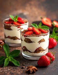 Two glasses of tiramisu dessert with strawberries