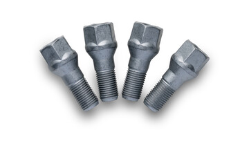 Close-up studio shot of four galvanized wheel bolts, isolated on a white background. PNG format. High resolution.