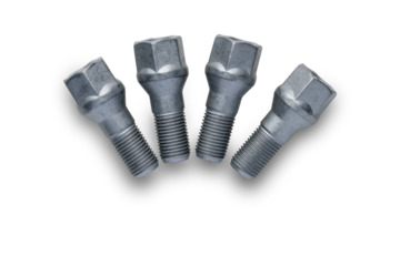 Close-up studio shot of four galvanized wheel bolts, isolated on a white background. PNG format. High resolution.