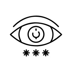 Line art illustration of an eye with a smiling pupil and stars  