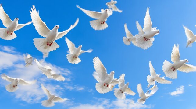 flock,doves,soaring,feathers,freedom,movement,birds,white,animal,flight,blue,wings,wildlife,nature,grace,sky,clouds,peace,beauty,avian
