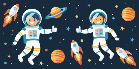 Astronauts floating in space with planets and rockets a cheerful cosmic scene © Bivuti