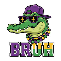 Cool Mardi Gras Gator Wearing Sunglasses and Beads Cartoon Illustration