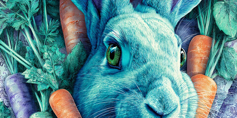 Surreal Blue Rabbit with Vibrant Garden Harvest, ai generated.