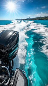 Powerful outboard motor propelling a boat, creating a foamy wake on vibrant turquoise water