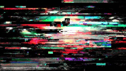 Abstract digital artwork featuring horizontal bands of distorted color and static, reminiscent of broadcast signal failure