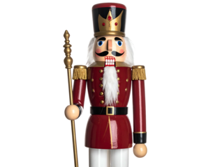 A classic, detailed figurine of a traditional wooden nutcracker in festive regalia
