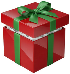 Open red gift box with green ribbon and bow revealing white contents