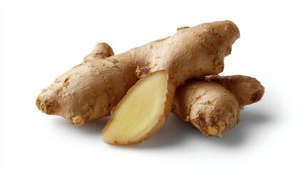 Fototapeta premium Fresh ginger root sliced spice herb organic brown white background closeup healthy