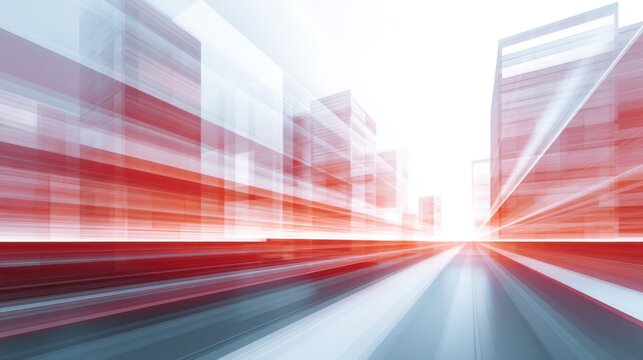 Abstract cityscape with motion blur showcasing vibrant red and white colors, emphasizing speed, technology, and modern architecture in a dynamic environment - Powered by Adobe