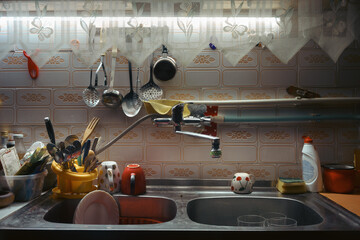 Old double sink and faucet in the kitchen