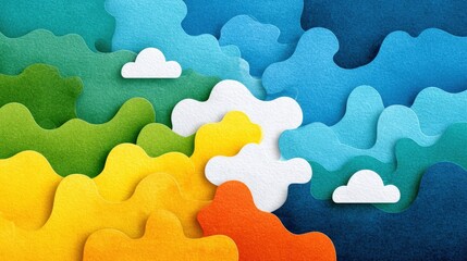 Colorful abstract paper cut design featuring waves of green, yellow, blue, and white clouds