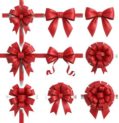 Collection of nine red satin bows and ribbons for gift wrapping decoration