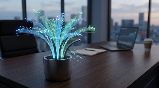Digital fiber optic plant on a modern executive desk with a laptop showing financial growth and city view, concept for sustainable technology, future connectivity and corporate innovation - Powered by Adobe