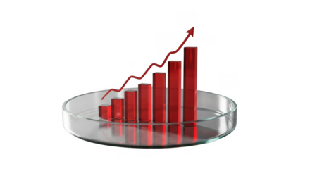Red bar graph with rising arrow isolated on transparent background for finance and business growth concepts