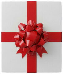 Top view of white gift box with ornate red confetti bow