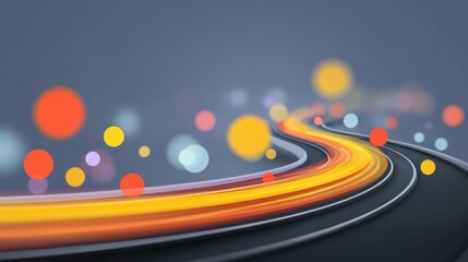 Colorful light trails on a winding road with blurred circles representing motion and speed in an abstract composition for modern backgrounds