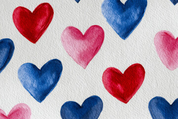 Fototapeta premium Pattern of blue, red, and pink watercolor hearts painted on textured white paper background for romantic and artistic design concepts