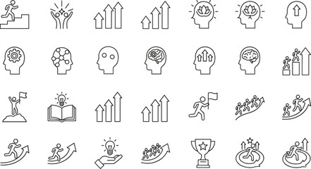 Minimalist line icon set featuring mental psychology growth, career success milestones, leadership development, professional achievement, and creative brainstorming symbols.