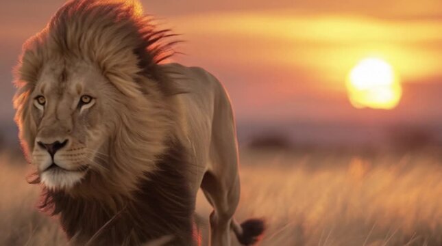 A magnificent male lion running gracefully across the golden savanna, silhouetted against a breathtaking sunset, symbolizing untamed wilderness and powerful freedom in its natural habitat