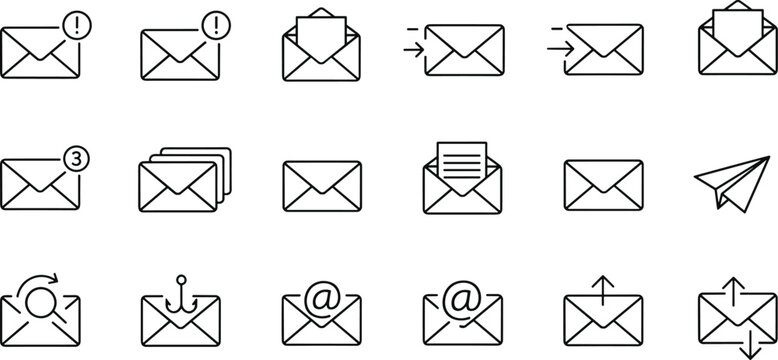 Comprehensive line icon set featuring email envelopes, digital inbox notifications, paper plane delivery, secure mailing, and phishing alert symbols.