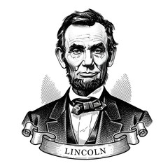 Black and white of Abraham Lincoln with a ribbon banner president day 2026 America 1