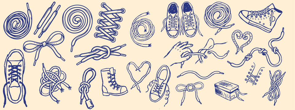Hand drawn line art overhead arrangement of sneaker laces knots bows and casual shoes scattered on playful pale beige background