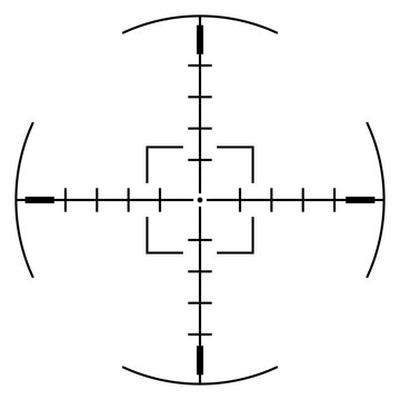 Segmented scope reticle with curved guides, modern tracking and focus graphic for HUD overlays and navigation interfaces, PNG with transparent background