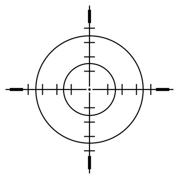 Concentric target reticle with scale marks, precise aiming and calibration graphic for HUD overlays and tracking systems, PNG with transparent background