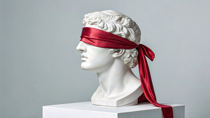 Classical Marble Bust with Red Blindfold – Symbol of Justice, Blind Faith, Art Concept and Modern Minimal Sculpture