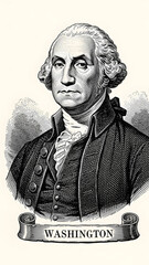 George Washington portrait in black and white with a ribbon banner president day 2026 America
