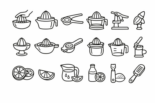 Collection of various citrus juicers and tools in simple line art