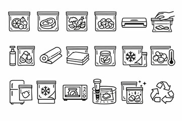 Icon set of food storage methods including freezing vacuum sealing and recycling