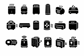 Collection of various air purifier icons in black silhouettes